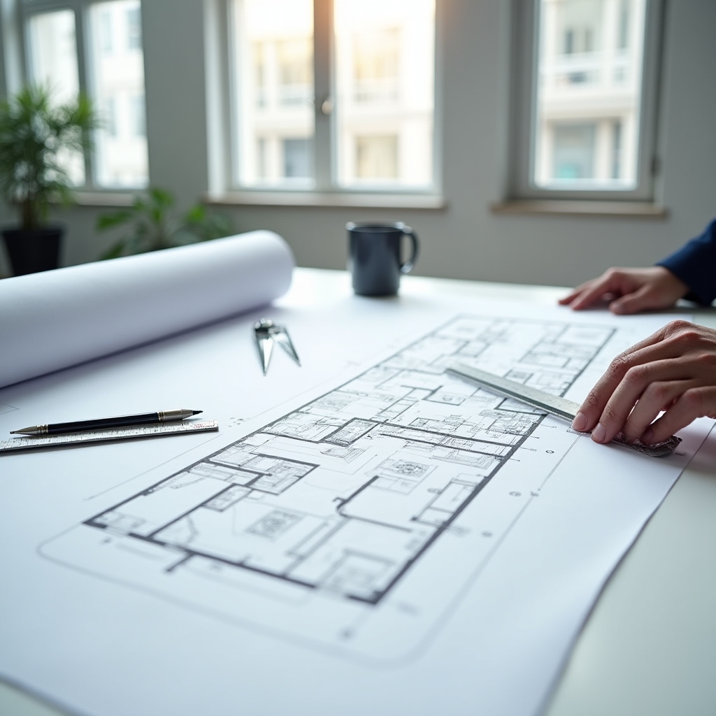 Architectural blueprints and technical drawings spread across a modern workspace with drafting tools