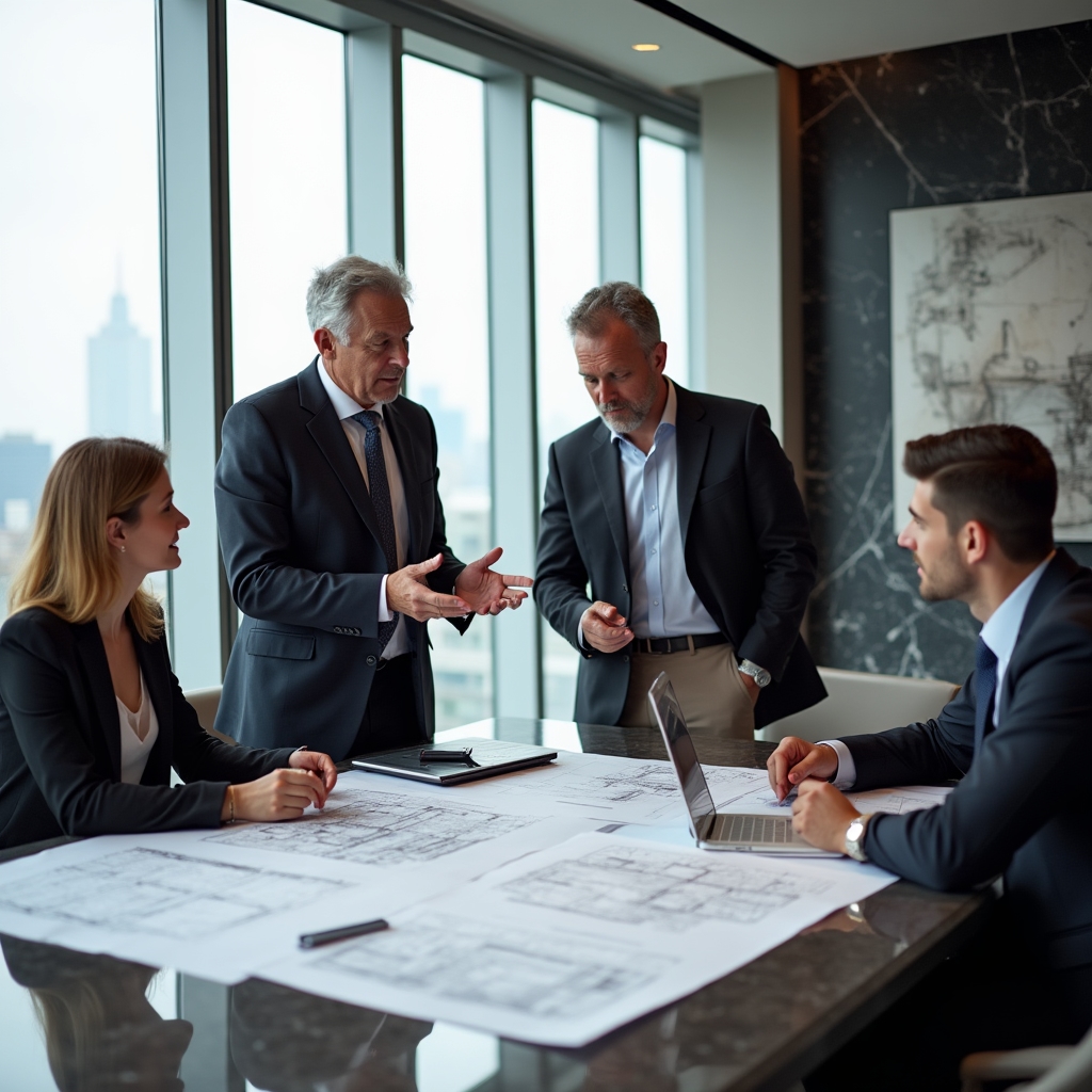 Professional consultation meeting with architects reviewing technical documentation with clients