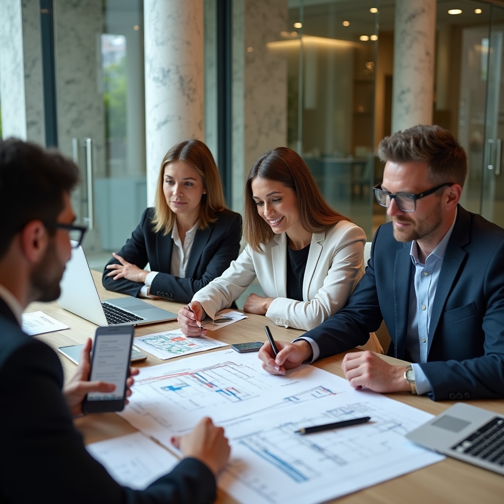 Business team evaluating construction project documentation together in professional meeting room