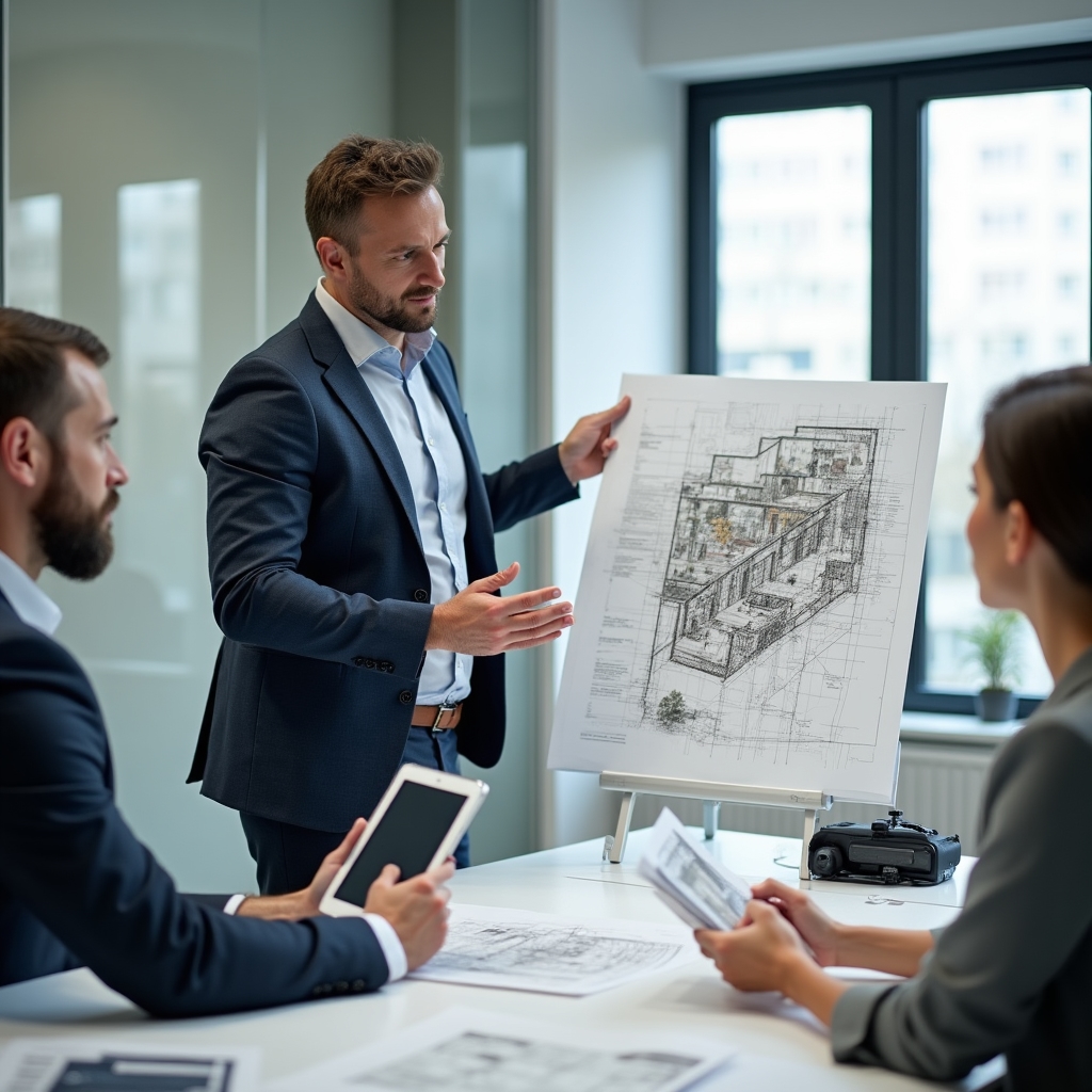 Real estate agent presenting project documentation to clients in professional office setting
