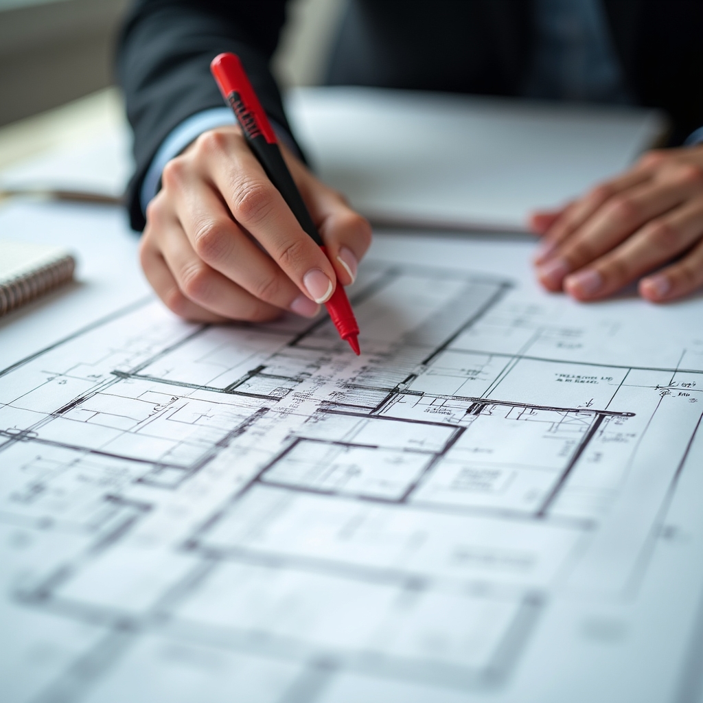 Close-up of hands analyzing detailed architectural plans with measurement tools and annotations